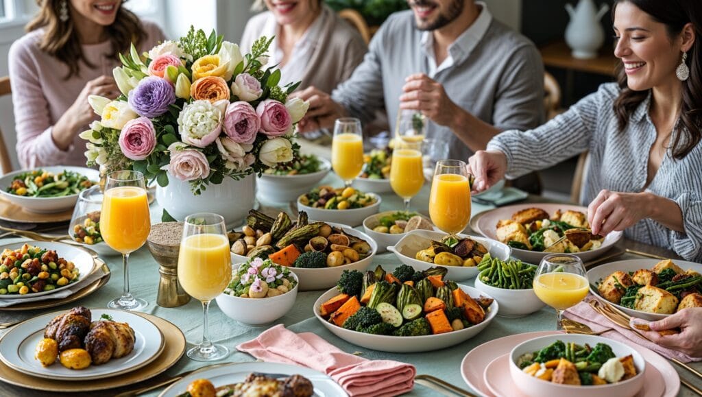 Elegant Easter brunch table with floral centerpieces, mimosa bar, roasted vegetables, salads, and baked goods, with guests contributing dishes