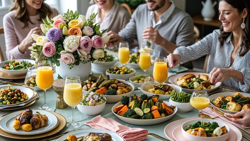 Elegant Easter brunch table with floral centerpieces, mimosa bar, roasted vegetables, salads, and baked goods, with guests contributing dishes