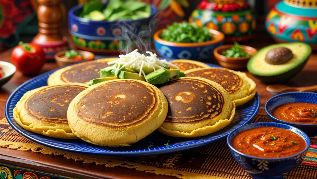 A plate of golden-brown arepas with assorted fillings, showcasing the traditional Latin American dish.