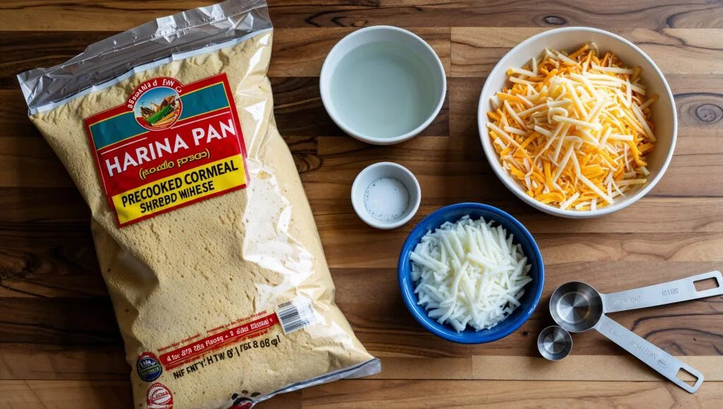 Ingredients for making arepas: precooked cornmeal, warm water, salt, and shredded cheese.
