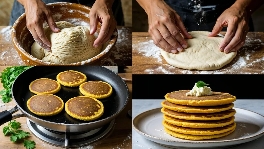 Step-by-step process of making arepas: mixing the dough, shaping into discs, and cooking on a skillet.