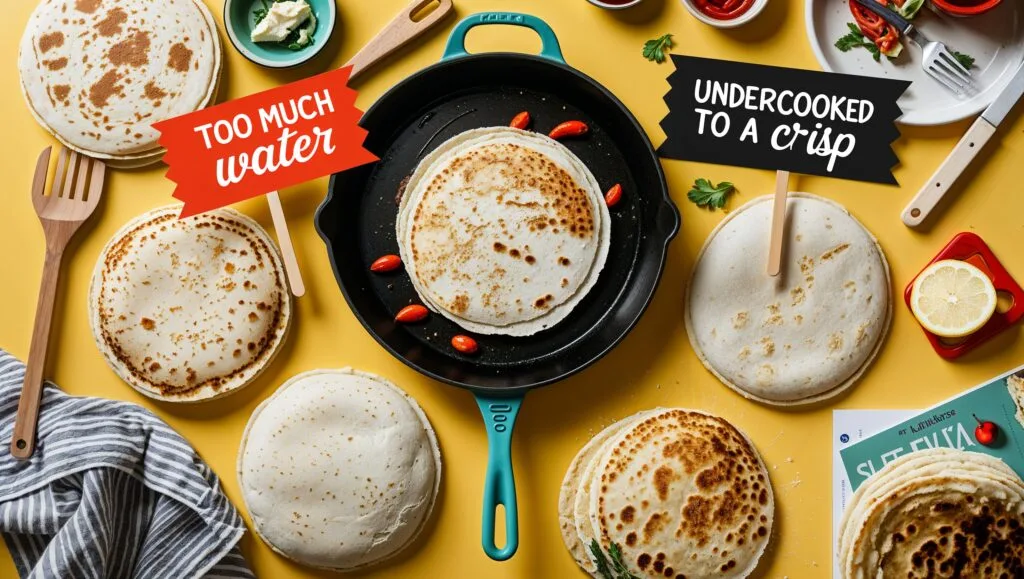 Comparison between a perfectly cooked arepa and an overcooked one to illustrate common mistakes.