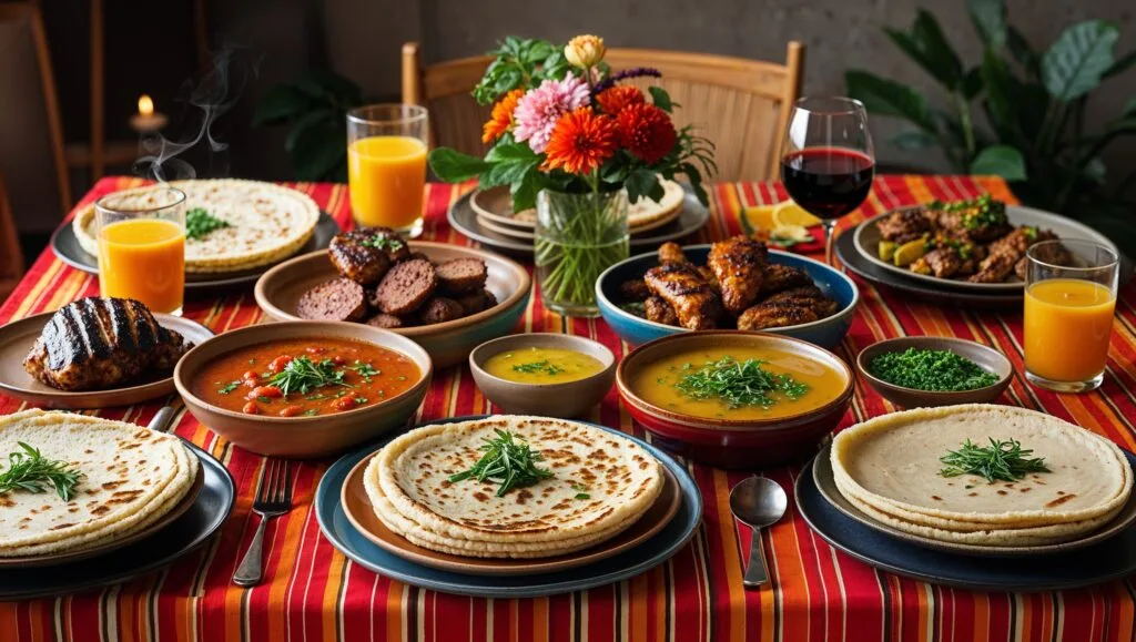 Serving suggestion: arepas presented with traditional accompaniments on a decorated table.