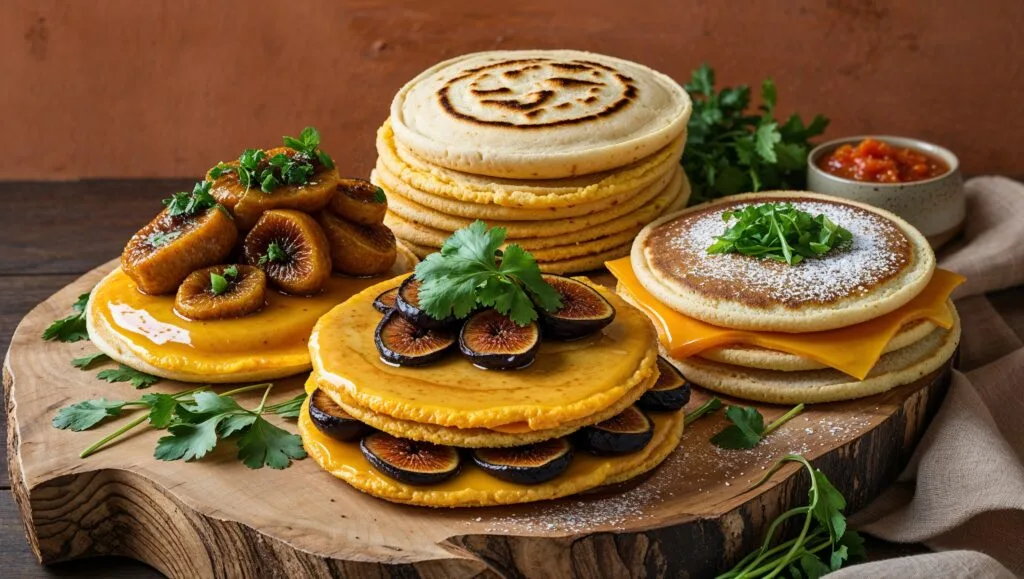 Different types of arepas: plain, cheese-filled, and sweet variations.