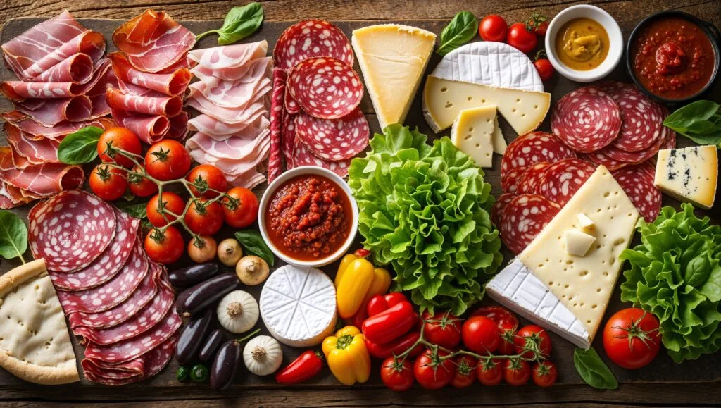 Assorted fillings and toppings for customizing arepas, including meats, cheeses, vegetables, and sauces.