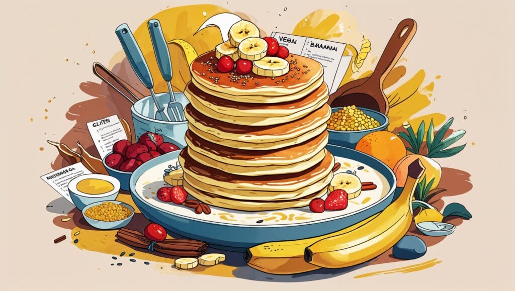 Stack of banana pancakes topped with sliced bananas and maple syrup.