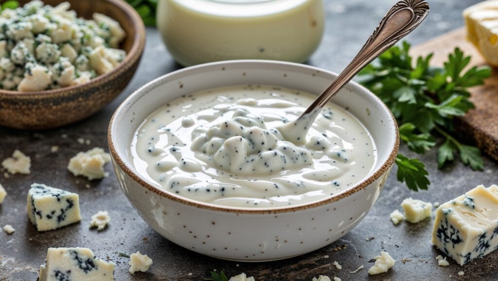 Homemade blue cheese dressing in a jar with fresh salad ingredients.
