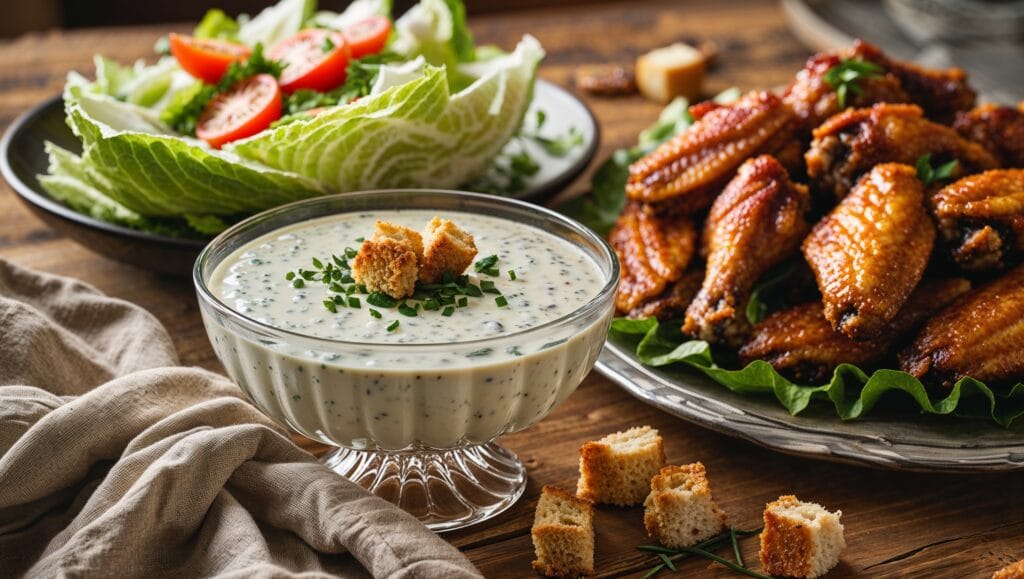 A bowl of homemade blue cheese dressing garnished with crumbled blue cheese and chives, accompanied by salad greens, chicken wings, and vegetable sticks on a rustic wooden table.