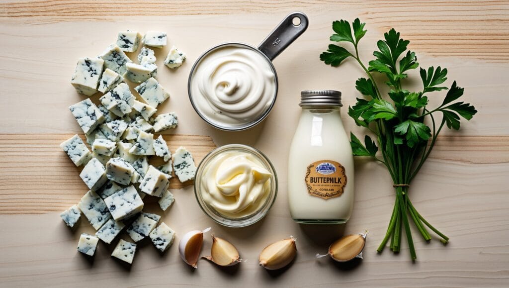 Ingredients for blue cheese dressing arranged on a kitchen counter.