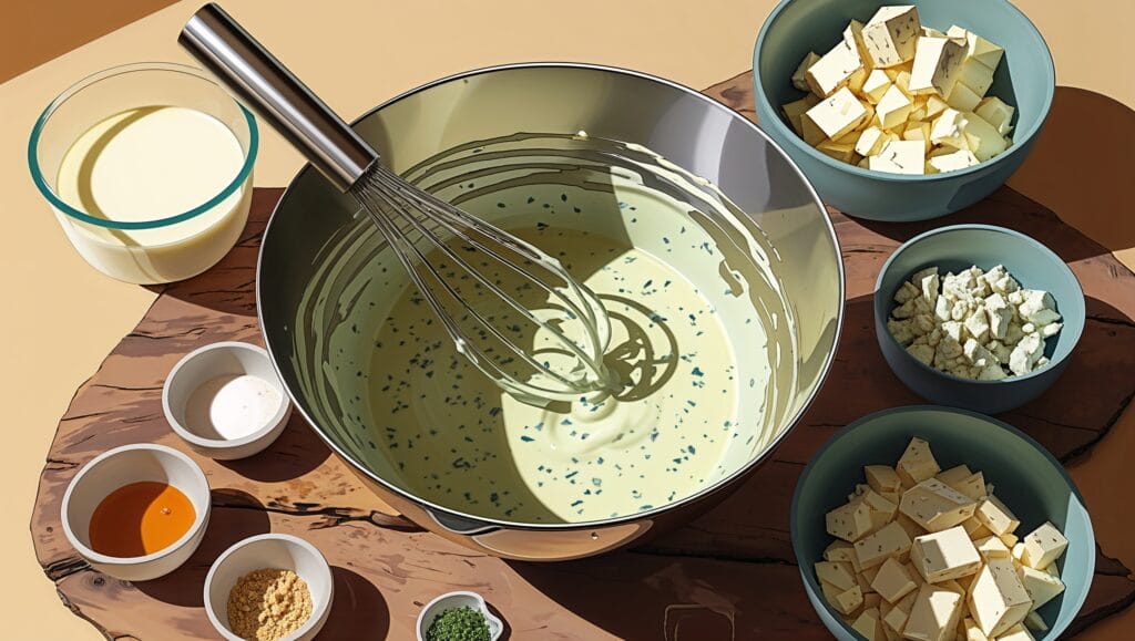Step-by-step process of making blue cheese dressing.