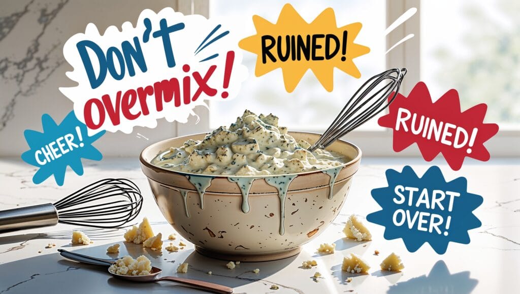 Comparison of improperly mixed and properly mixed blue cheese dressing.