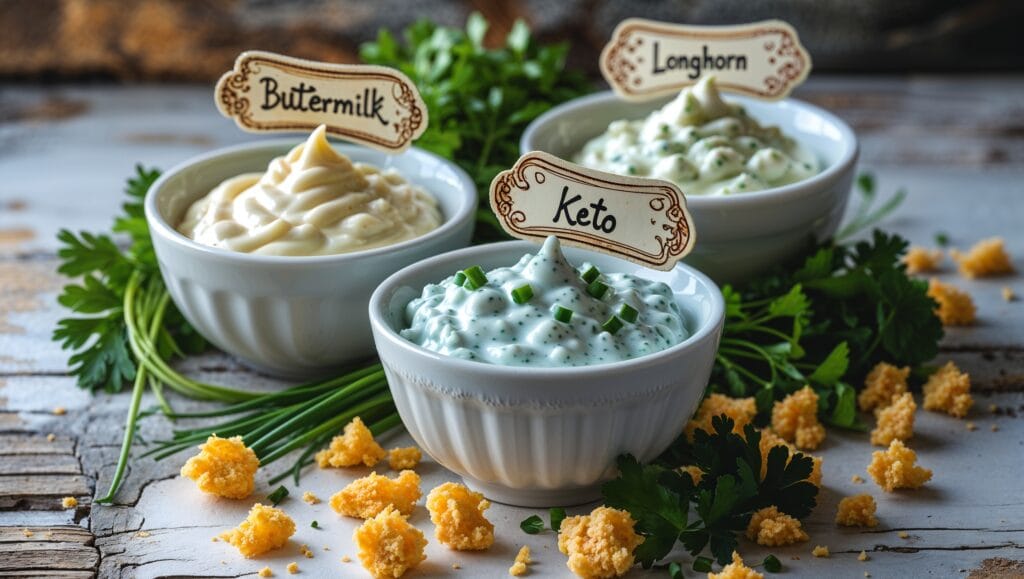 Various blue cheese dressing variations in small bowls.