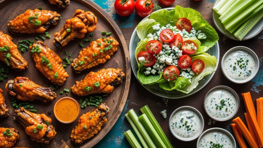 Blue cheese dressing served with buffalo wings, salad, and vegetable sticks.