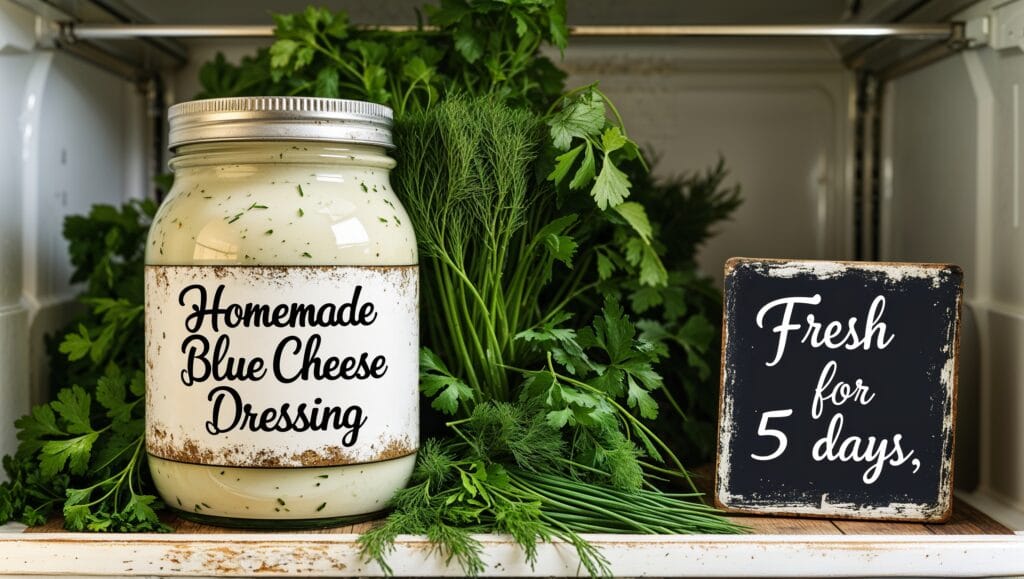 Homemade blue cheese dressing stored in a dated mason jar in the fridge.