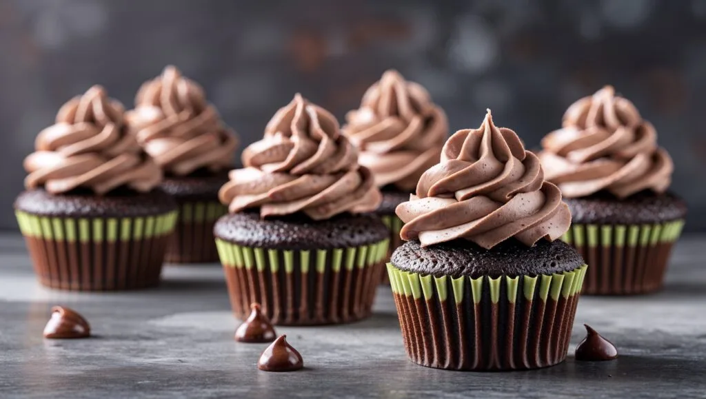 Decorative stand with chocolate cupcakes ready for serving at an event.