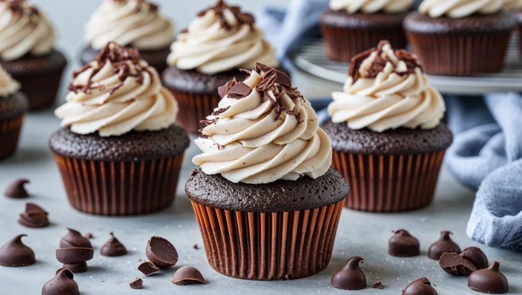 Moist chocolate cupcake with rich frosting on a rustic kitchen counter.