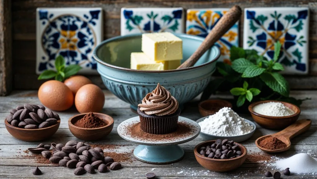 Ingredients for chocolate cupcakes: flour, cocoa powder, sugar, eggs, butter, and buttermilk.