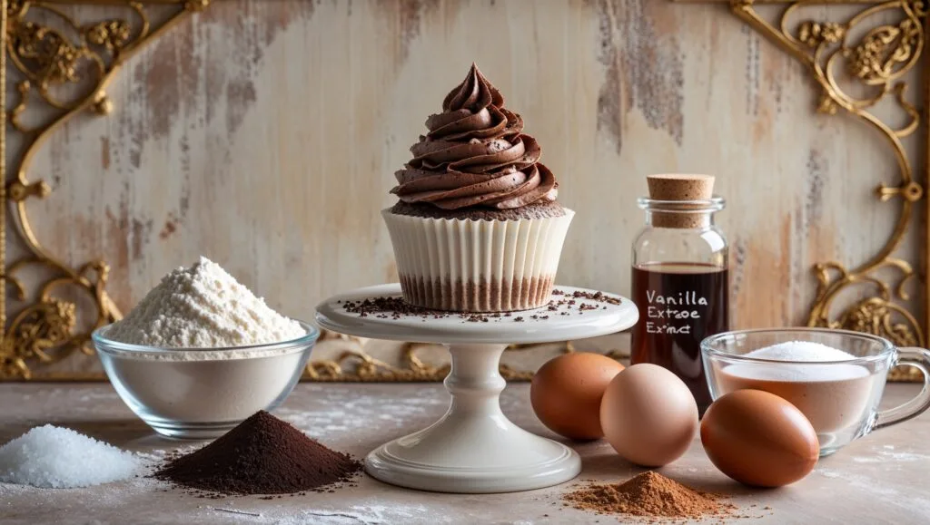 Step-by-step process of making chocolate cupcakes, from mixing to cooling.