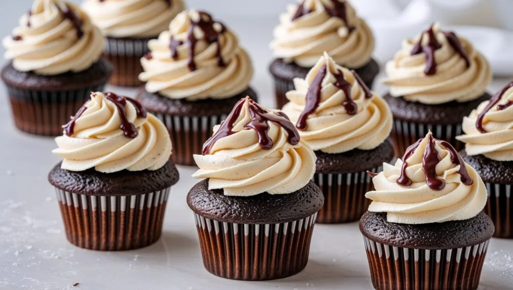 Sliced chocolate cupcake showing moist interior, with buttermilk and chocolate in the background.