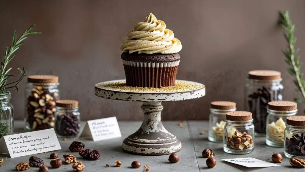 Variety of customized chocolate cupcakes with different toppings and frostings.
