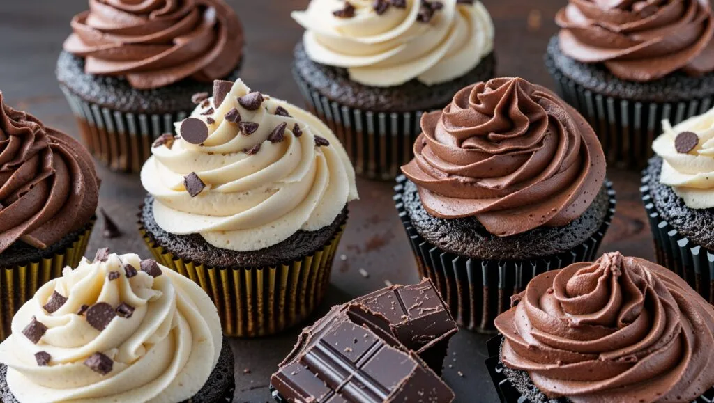 Common chocolate cupcake issues like sinking centers and cracked tops compared to perfect cupcakes.