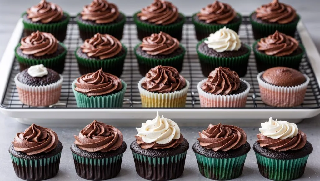 Chocolate cupcakes in storage container and one served on a plate.