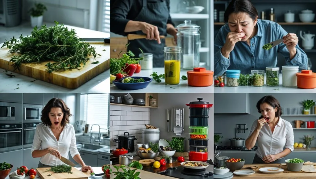 Scenes showing common Easter brunch prep mistakes: wilted herbs, overcrowded fridge, untested recipes, and a cluttered kitchen