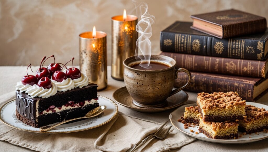 An inviting German café table set with classic desserts, including Black Forest Cake, Apfelstrudel, and Berliner pastries, accompanied by a steaming cup of coffee.