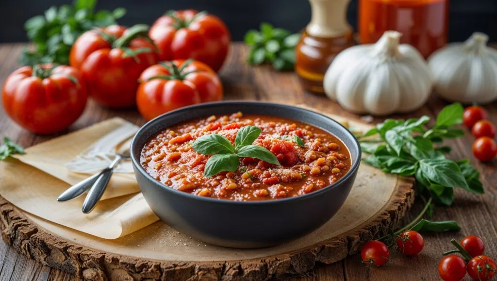 A serving of spaghetti topped with homemade sauce and fresh basil leaves.