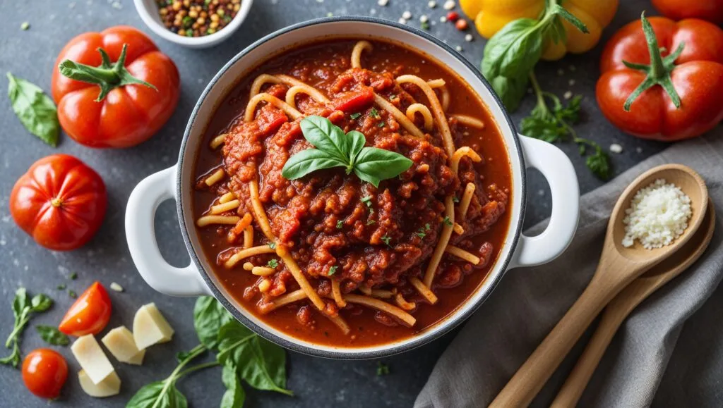 A pot of homemade spaghetti sauce simmering with fresh tomatoes and herbs.