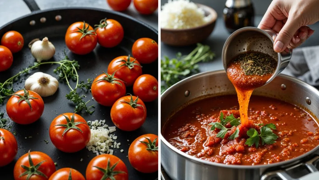 Collage illustrating the steps to prepare homemade spaghetti sauce, from chopping tomatoes to simmering.