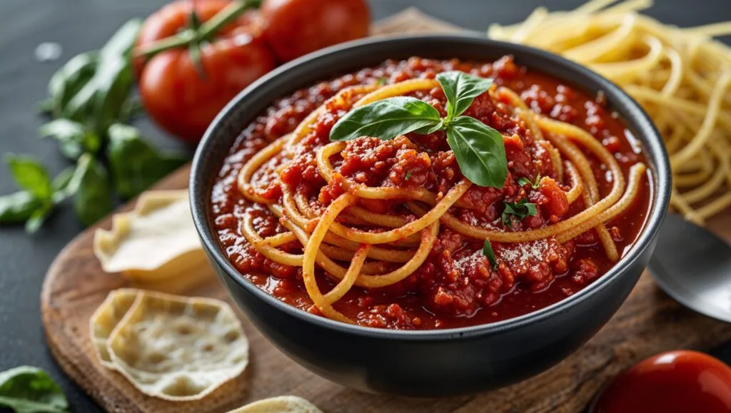 Side-by-side comparison of store-bought spaghetti sauce and freshly made homemade sauce.