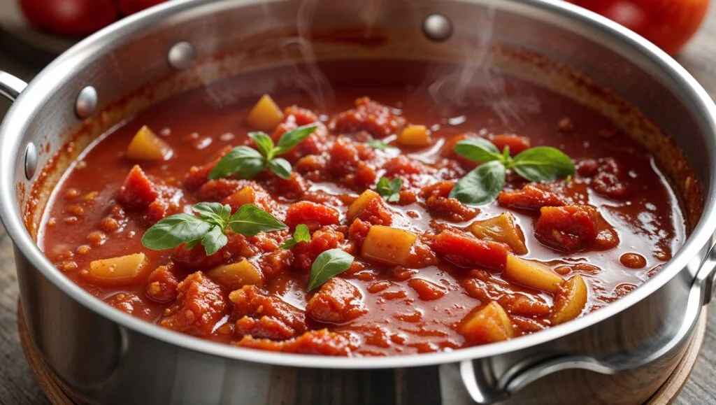 A burnt saucepan depicting the pitfalls of overcooking tomato sauce.