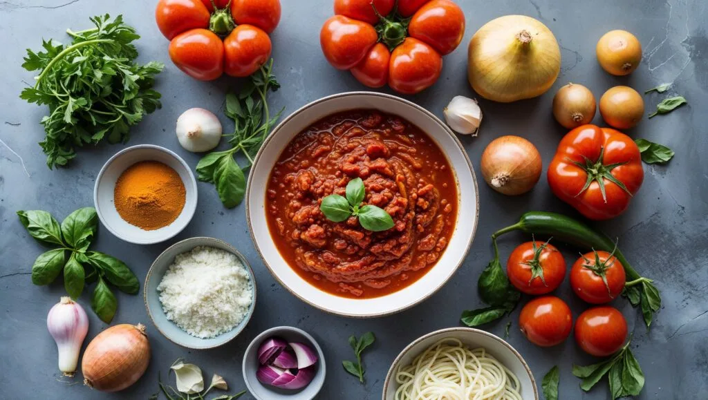Essential ingredients and tools for making homemade spaghetti sauce laid out on a kitchen counter.