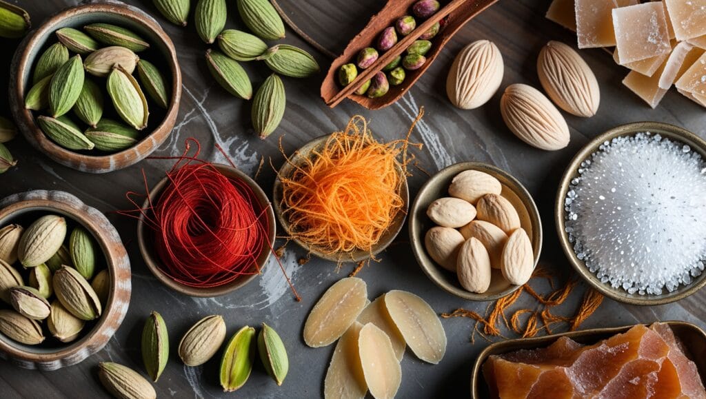 Essential ingredients for Indian desserts, including spices like cardamom and saffron, ghee, and assorted nuts, displayed on a wooden surface.
