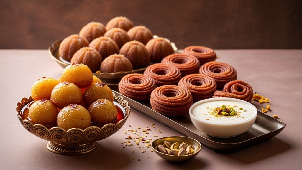A selection of traditional Indian sweets, including syrup-soaked gulab jamun, spiral-shaped jalebi, and creamy kheer.