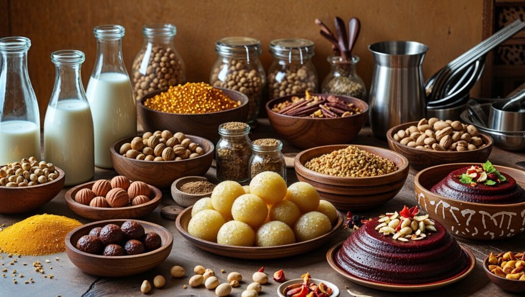 A home kitchen scene showing the process of making kheer, with ingredients like rice, milk, and spices laid out for preparation.