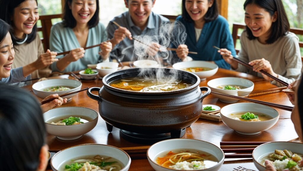 A Korean dining table featuring Kimchi Jjigae, assorted side dishes, and steamed rice.
