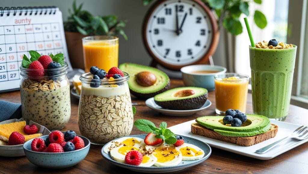 A colorful breakfast spread with avocado toast, a jar of overnight oats topped with berries, and a glass of fresh fruit smoothie, showcasing quick and healthy morning meal options.