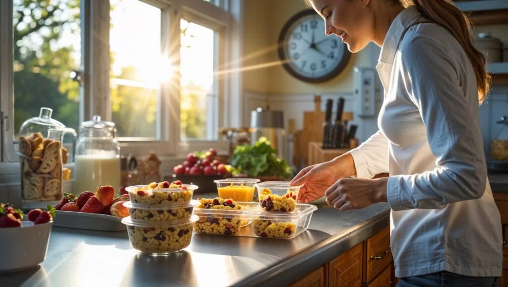 Person in a hurry enjoying a quick homemade breakfast before work.