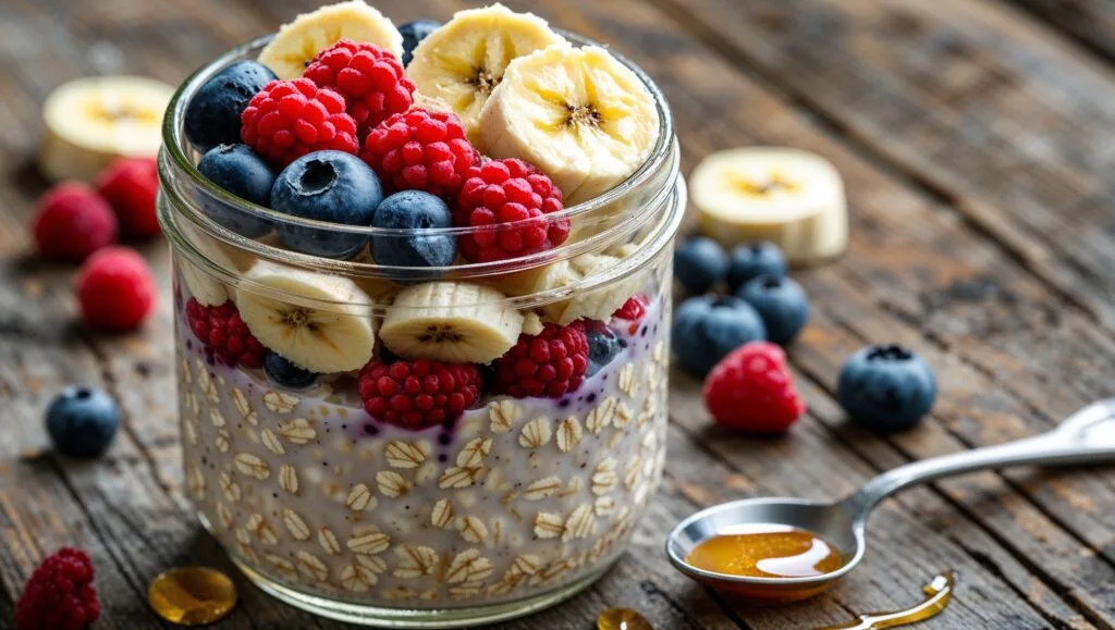 Jar of overnight oats garnished with fresh berries and honey.