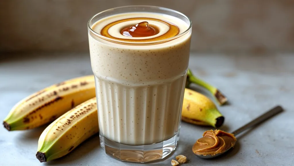 Creamy banana peanut butter smoothie topped with banana slices and chia seeds.