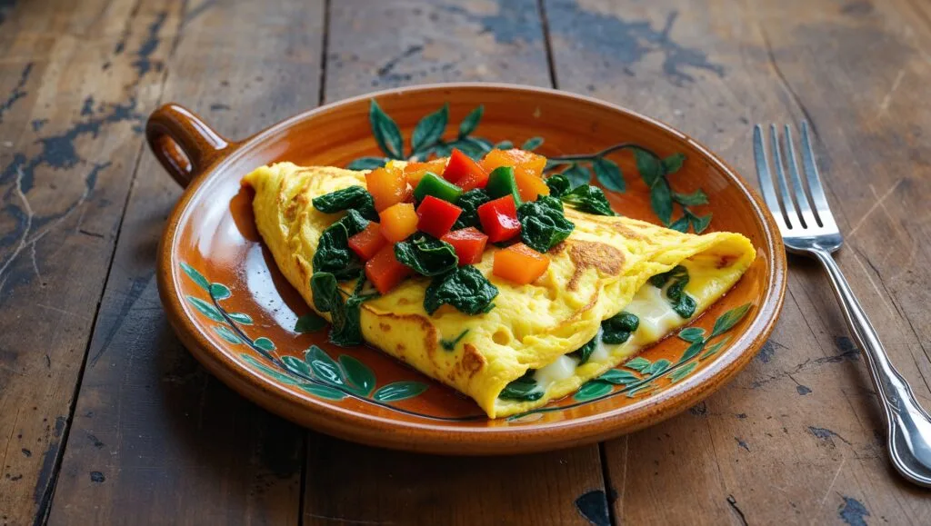 Microwave mug omelette with bell peppers and spinach.