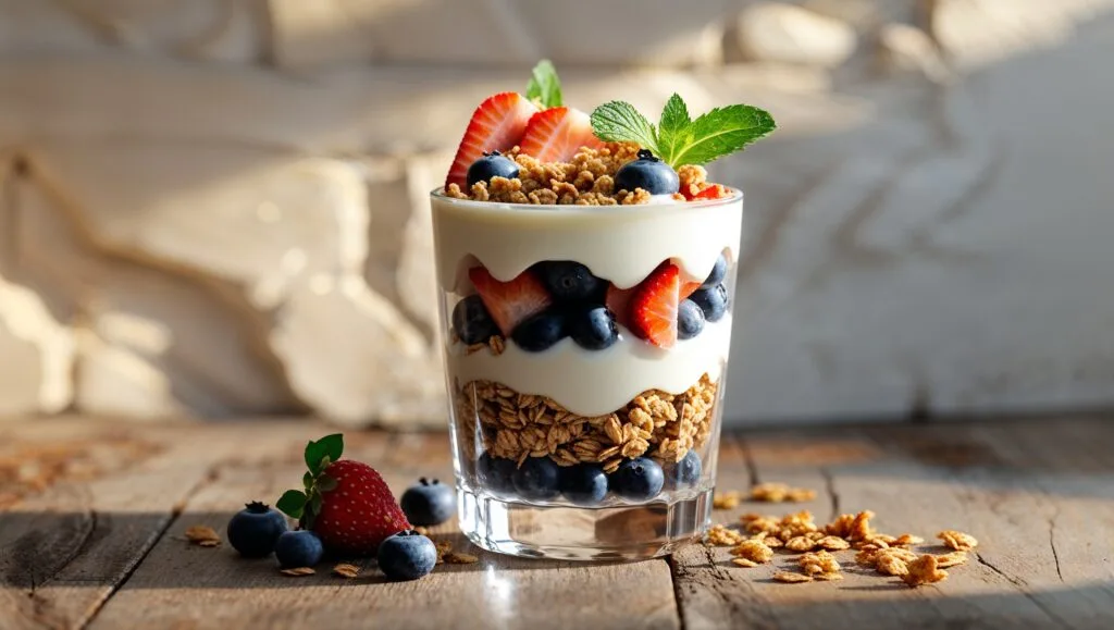 Layered Greek yogurt parfait with granola and mixed berries.