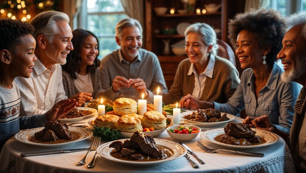 Family enjoying beef tips and gravy at a festive dinner.