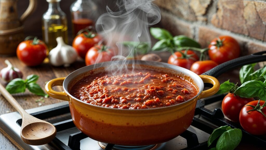A visual guide depicting the stages of preparing spaghetti sauce, from fresh tomatoes to a finished sauce served over pasta.