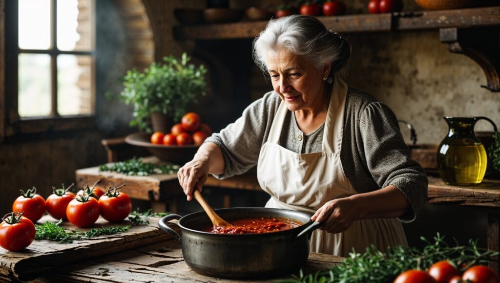 A vintage Italian kitchen with a pot of spaghetti sauce cooking over an open flame, reflecting the recipe's historical roots.