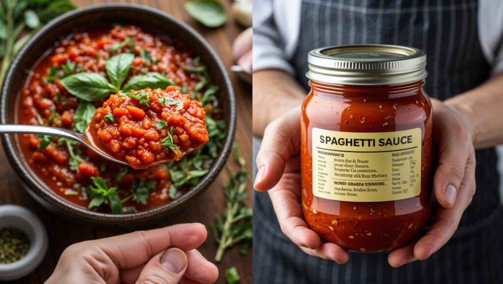 Side-by-side comparison of store-bought spaghetti sauce and homemade sauce surrounded by fresh ingredients, emphasizing the benefits of homemade preparation.