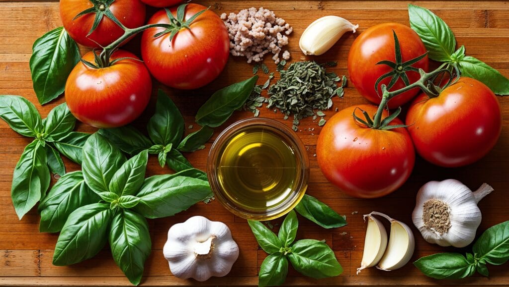 Key ingredients for spaghetti sauce, including San Marzano tomatoes, fresh basil, garlic, olive oil, and onions, laid out on a wooden surface.