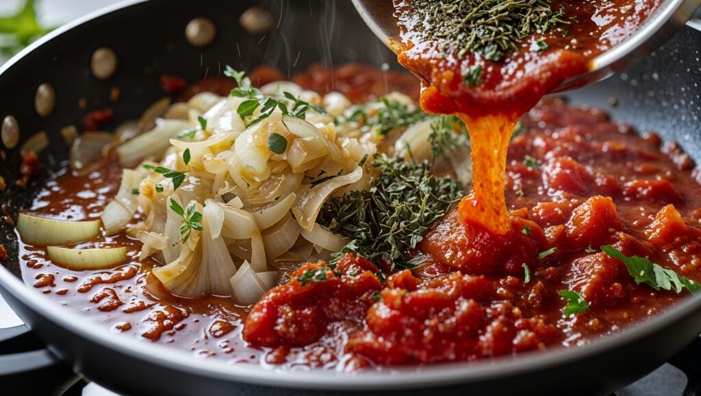 Step-by-step visuals of making spaghetti sauce from scratch, including sautéing aromatics, adding tomatoes, and simmering.